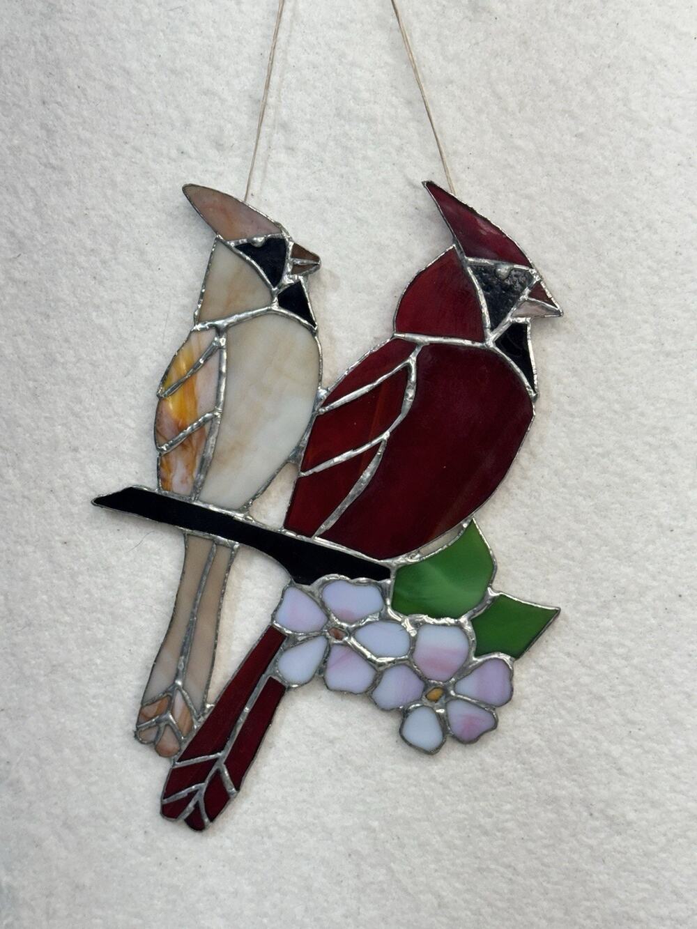 Handcrafted Stained Glass Cardinal Lovebird Sun-Catcher Delicate VTG Window Art